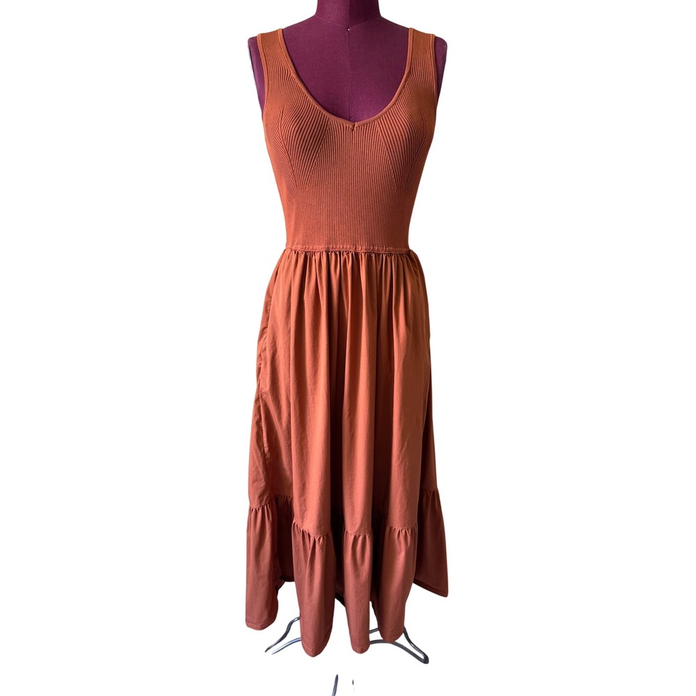 ASTR The Label Midi Dress Mixed Media Fit & Flare Sleeveless Poplin Brown Small - Picture 4 of 12